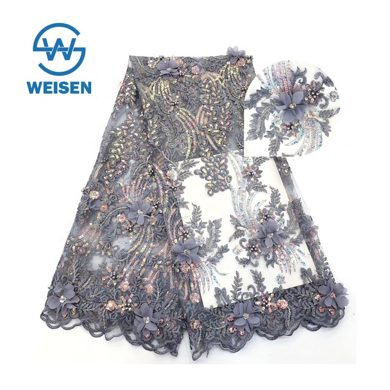 Stone Lace Embroidery Floral High Quality 3D Sequin Flower Fabric