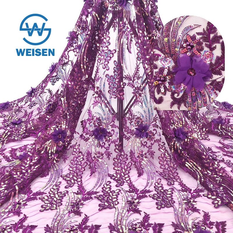 Stone Lace Embroidery Floral High Quality 3D Sequin Flower Fabric
