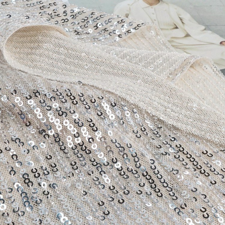 Luxury custom nylon stretch small sequin knit mesh embroidery sequence fabric for wedding dress