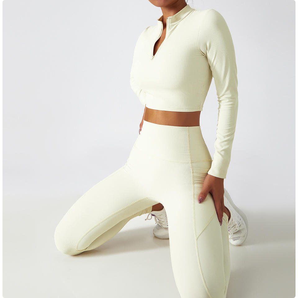 Ladies Shaping Knit Ribbed Seamless Fitness Wear V Neck Sport Top High Waist Leggings Yoga 4 Piece Set Sportswear Women