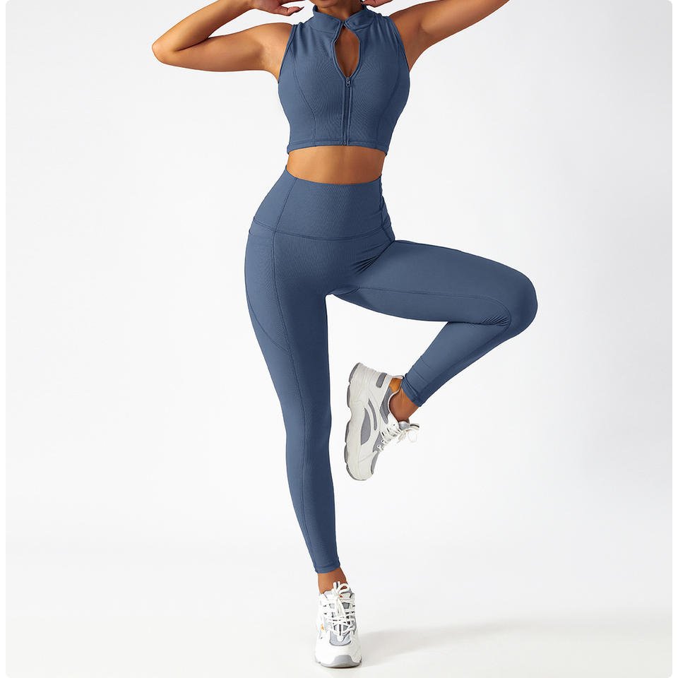 Ladies Shaping Knit Ribbed Seamless Fitness Wear V Neck Sport Top High Waist Leggings Yoga 4 Piece Set Sportswear Women