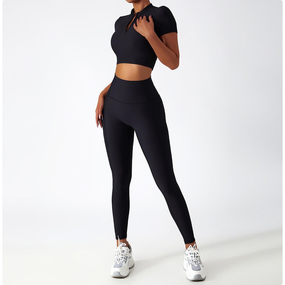 Ladies Shaping Knit Ribbed Seamless Fitness Wear V Neck Sport Top High Waist Leggings Yoga 4 Piece Set Sportswear Women