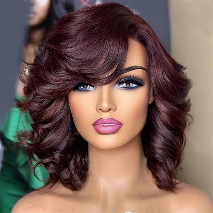 wholesale BURGUNDY WAVE SIDE PART 13X4 LACE FRONT BOB WIGS WITH BANGS