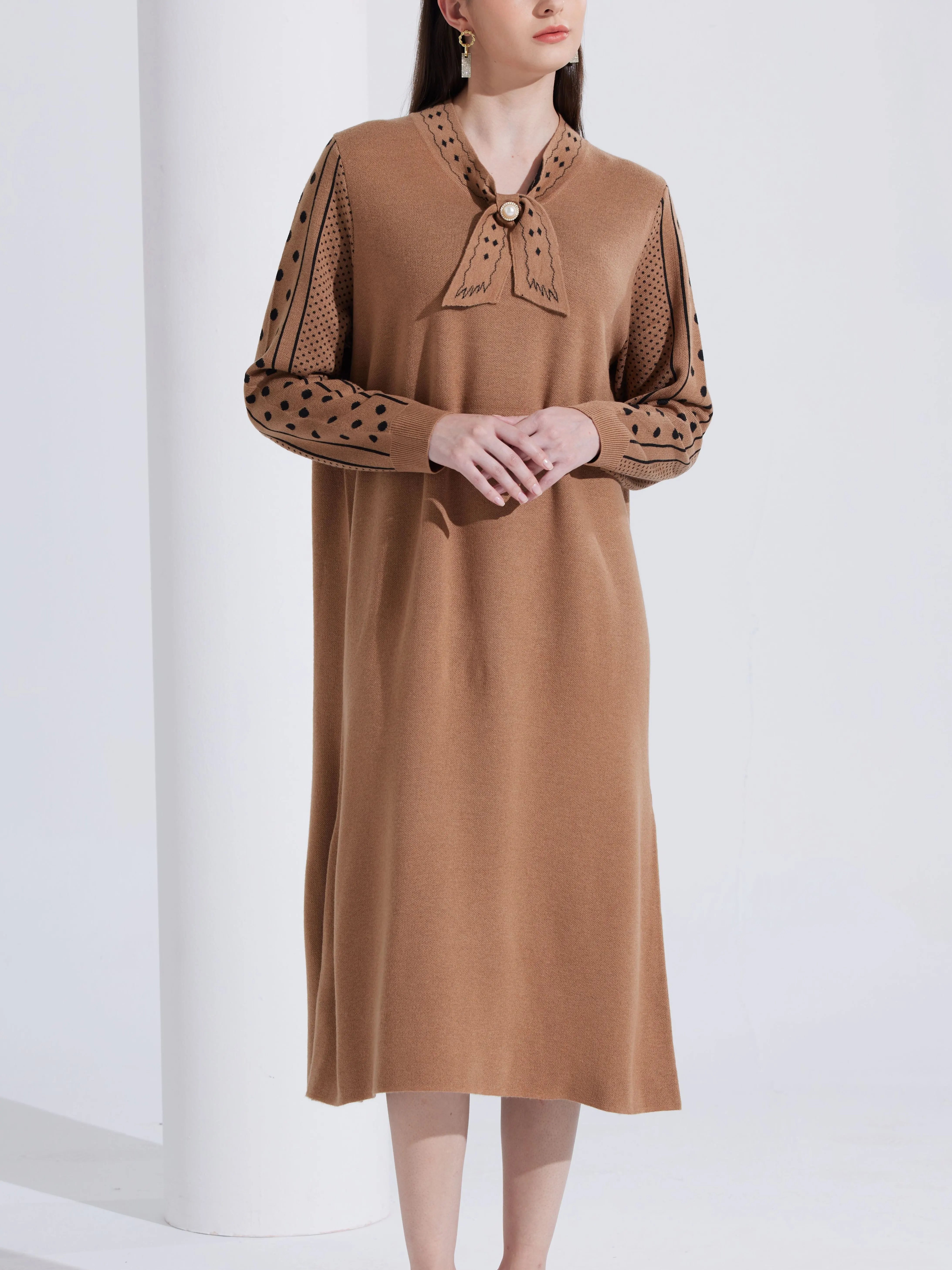 Quality Choice Patterned Maxi Sweater Dress Women'S Long Sleeve Cashmere Blend With Embellished Detail