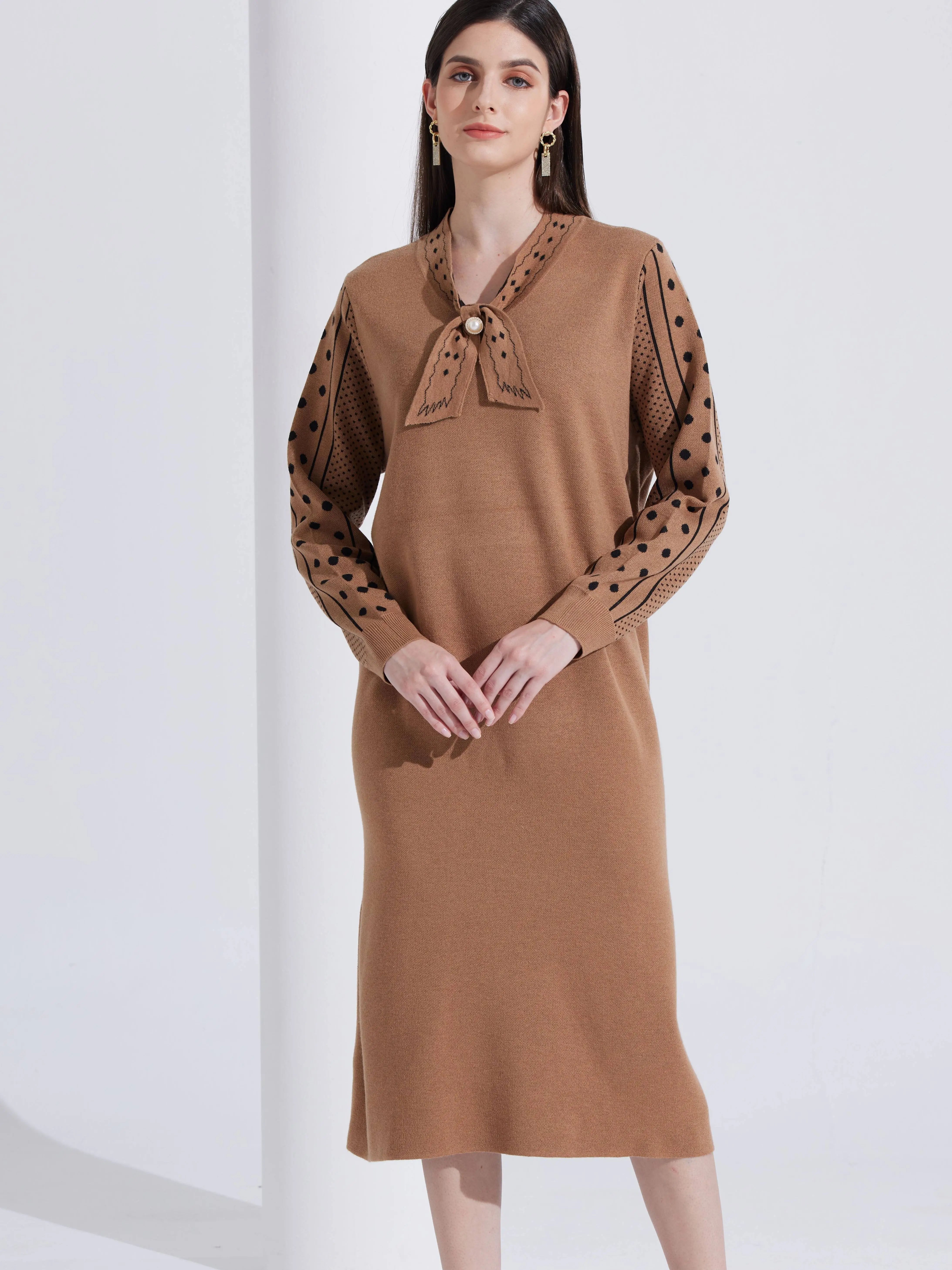 Quality Choice Patterned Maxi Sweater Dress Women'S Long Sleeve Cashmere Blend With Embellished Detail