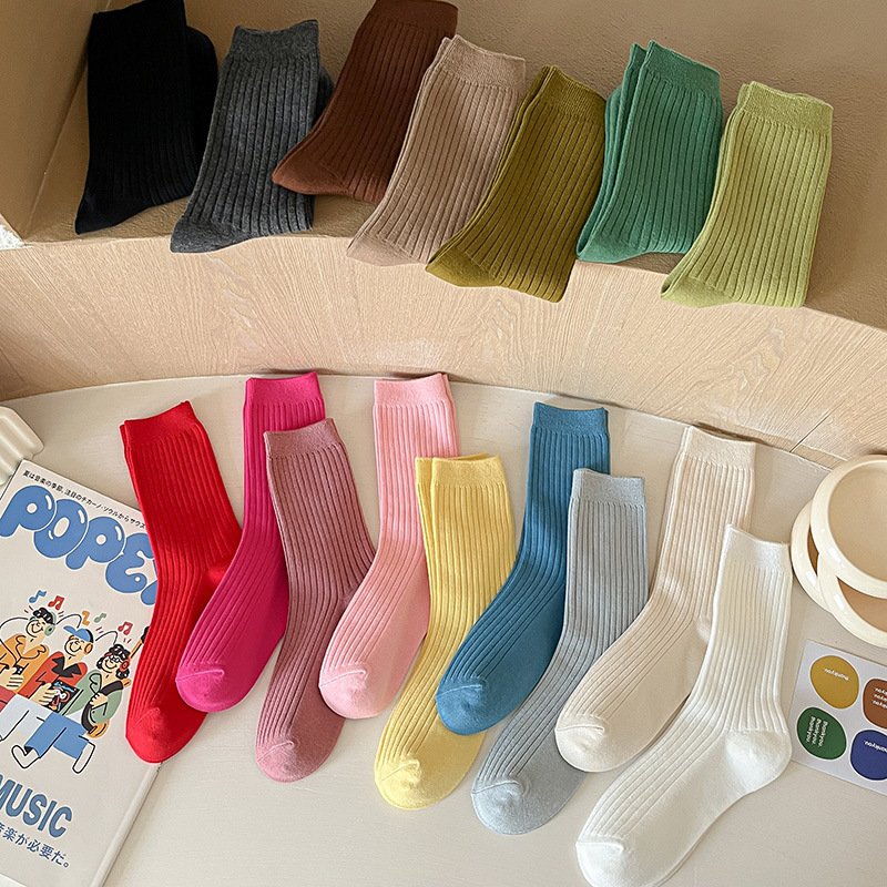 New dopamine double needle socks for women Spring and Autumn ins tide mid-tube socks Macaron combed cotton pile socks