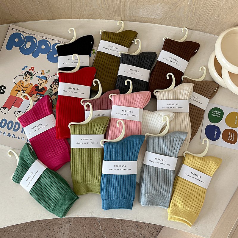New dopamine double needle socks for women Spring and Autumn ins tide mid-tube socks Macaron combed cotton pile socks