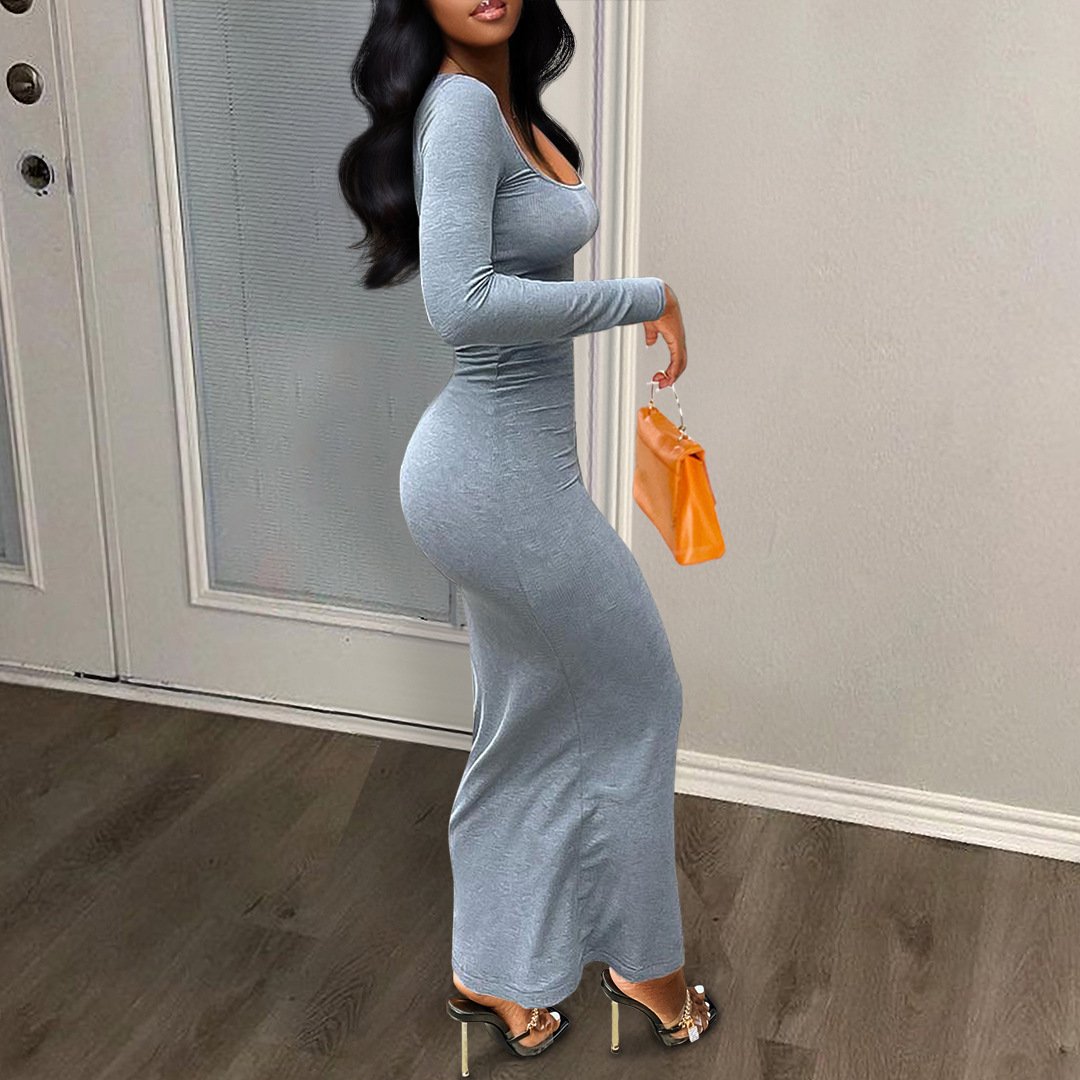 Women's Eco-Friendly Bodycon Dress Straight Long Sleeve Ribbed Square Neck Casual summer Autumn black Party Club Knit dresses