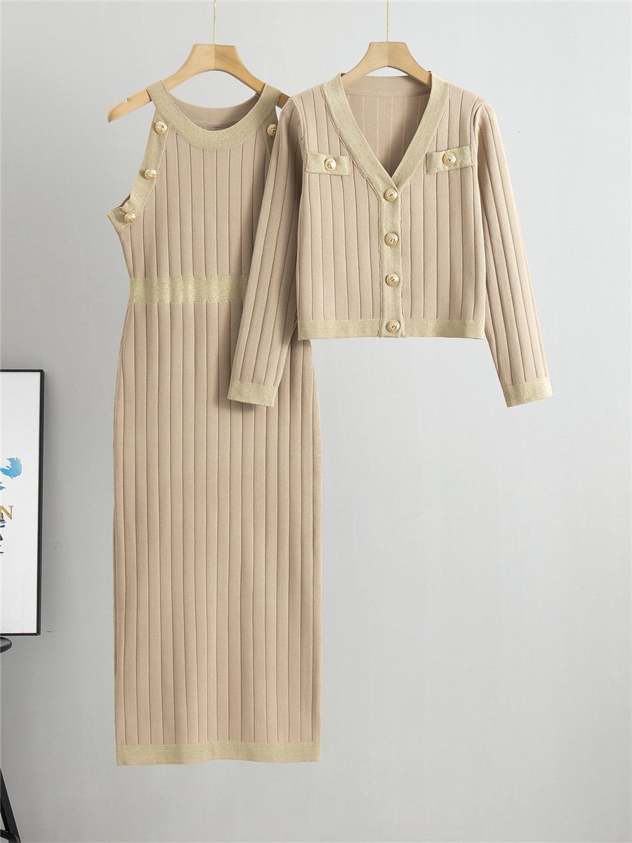 Autumn/Winter Dress And Sweater Two-Piece V-Neck Jacket+ Knitted Vest Dress Office Lady Knitted Sets Women 2024 Wholesale