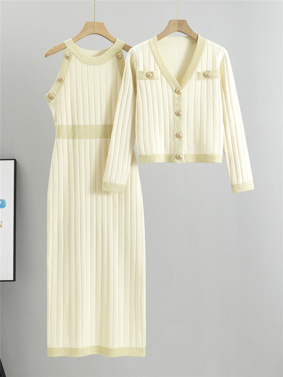 Autumn/Winter Dress And Sweater Two-Piece V-Neck Jacket+ Knitted Vest Dress Office Lady Knitted Sets Women 2024 Wholesale