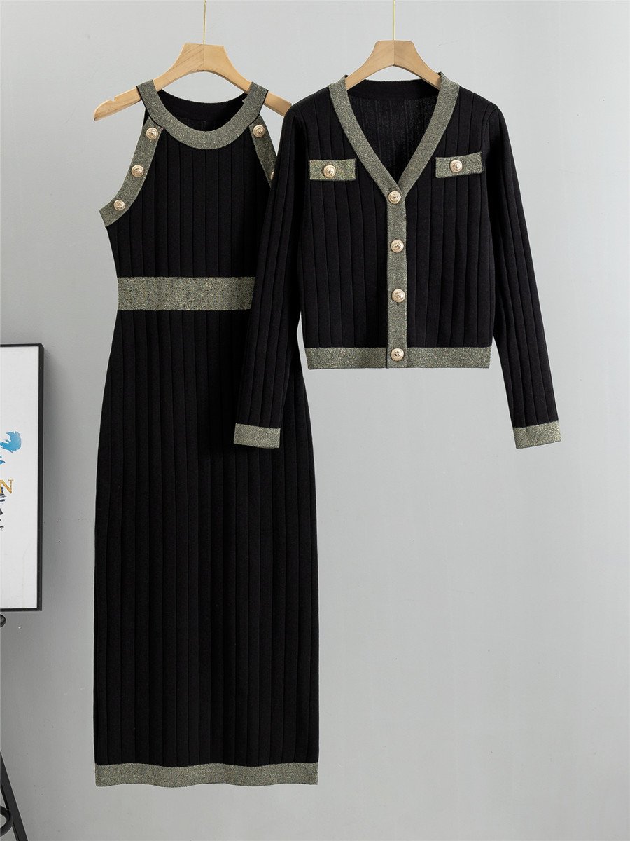 Autumn/Winter Dress And Sweater Two-Piece V-Neck Jacket+ Knitted Vest Dress Office Lady Knitted Sets Women 2024 Wholesale