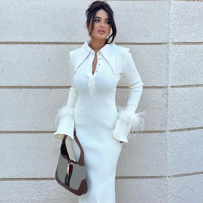Polo Collar Long Sleeve Solid Feather Knitted Ribbed Dresses Midi Button Women's Party Club Dress