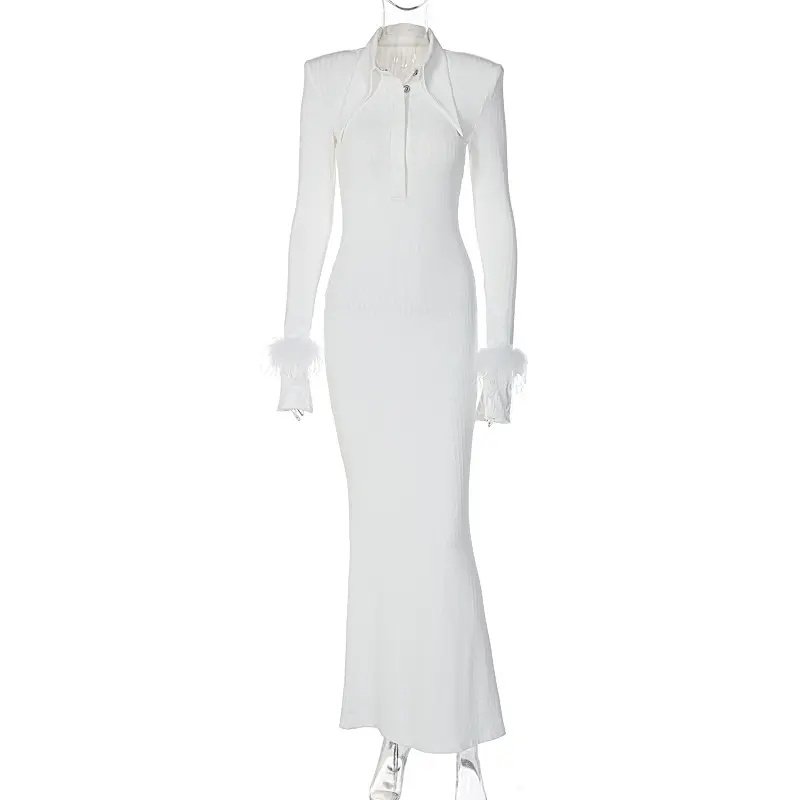 Polo Collar Long Sleeve Solid Feather Knitted Ribbed Dresses Midi Button Women's Party Club Dress