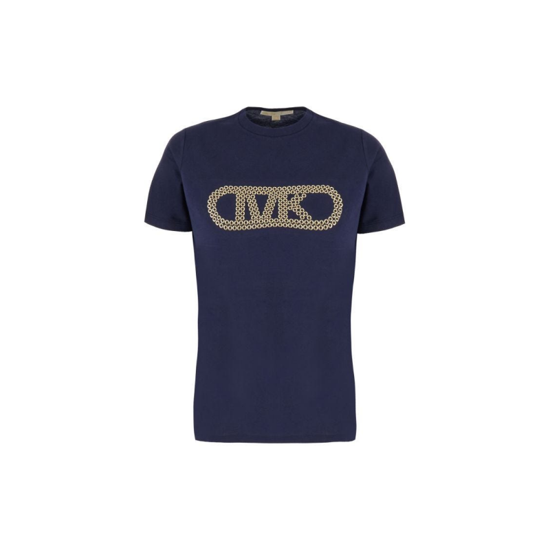 High End Design Luxury Brand Blue Pure Cotton T Shirt With Gold Metallic Rivet Logo
