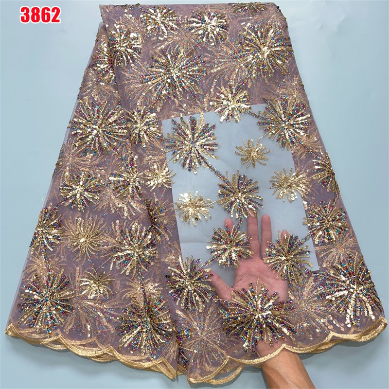 3862 Wholesale African Tulle Mesh Lace Fabric 2024 Luxury French Mesh Lace Fabric with Sequins for Women Wedding Party Dresses