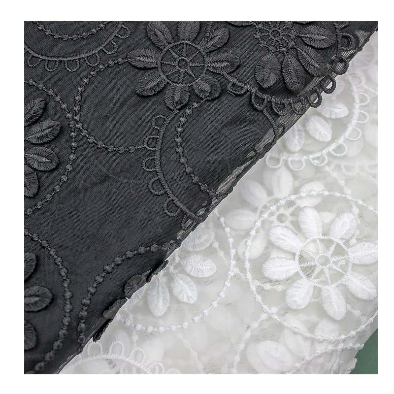 Wholesale Korean 3D flower milk water soluble embroidery black swiss tulle mesh lace fabric