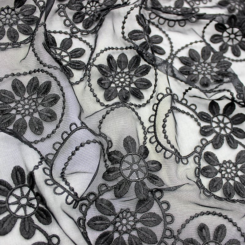 Wholesale Korean 3D flower milk water soluble embroidery black swiss tulle mesh lace fabric