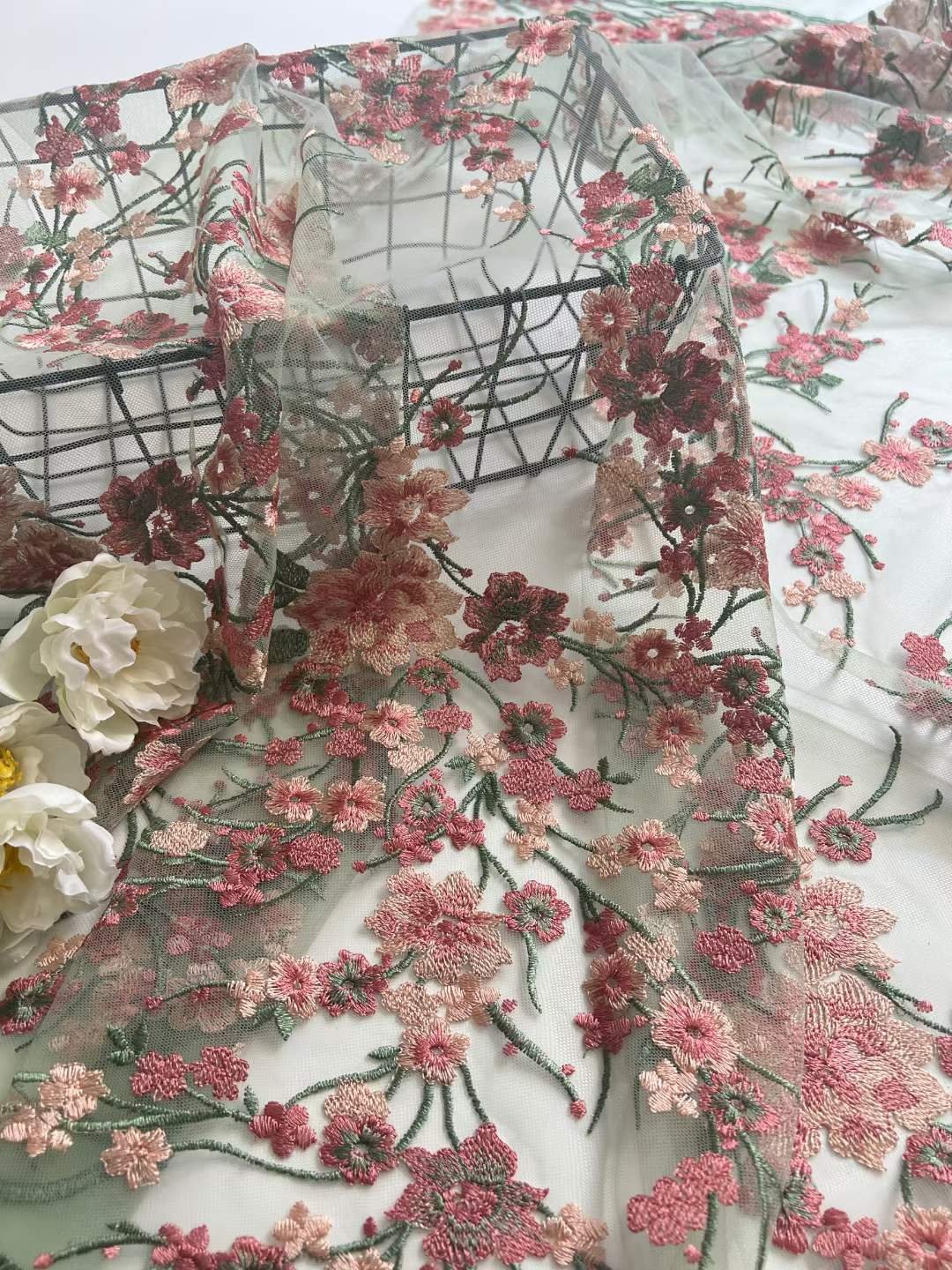 New French Soft Hand Touching 3D Floral Embroidery Mesh Lace Fabric For Bridal Dress