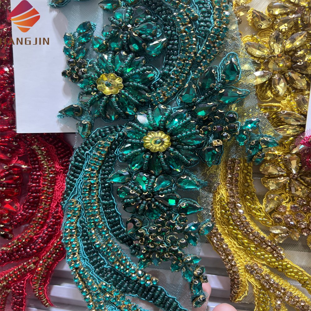 Delicate Dark Green Rhinestone Beaded Lace Applique Pair Sparkling Hand Crafted Crystal Bodice Patch for Couture Dance Costume