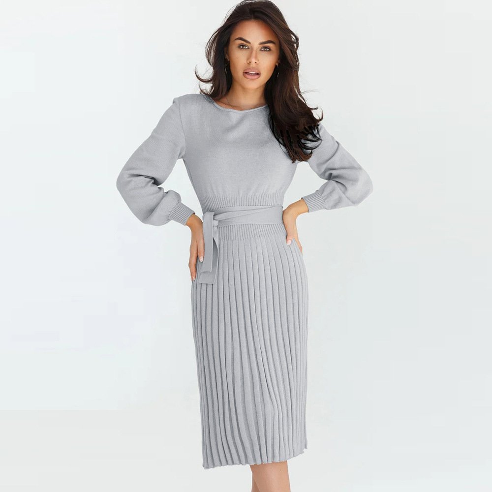 odoodem women's casual crew neck long sleeve knitted dress waisted lace up ribbed mid length bodycon dress