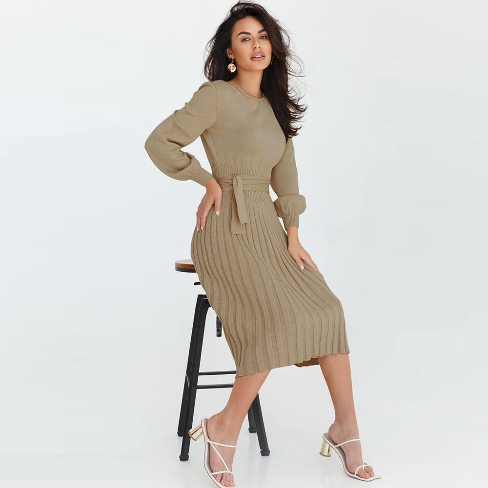 odoodem women's casual crew neck long sleeve knitted dress waisted lace up ribbed mid length bodycon dress