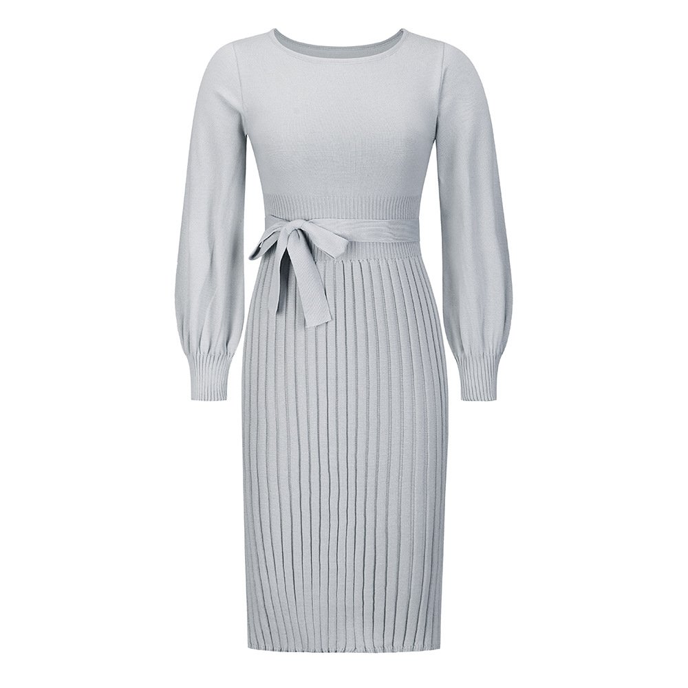 odoodem women's casual crew neck long sleeve knitted dress waisted lace up ribbed mid length bodycon dress