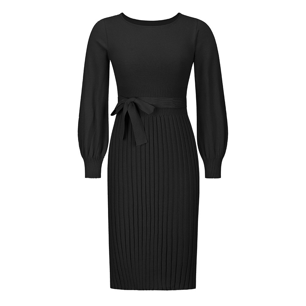 odoodem women's casual crew neck long sleeve knitted dress waisted lace up ribbed mid length bodycon dress