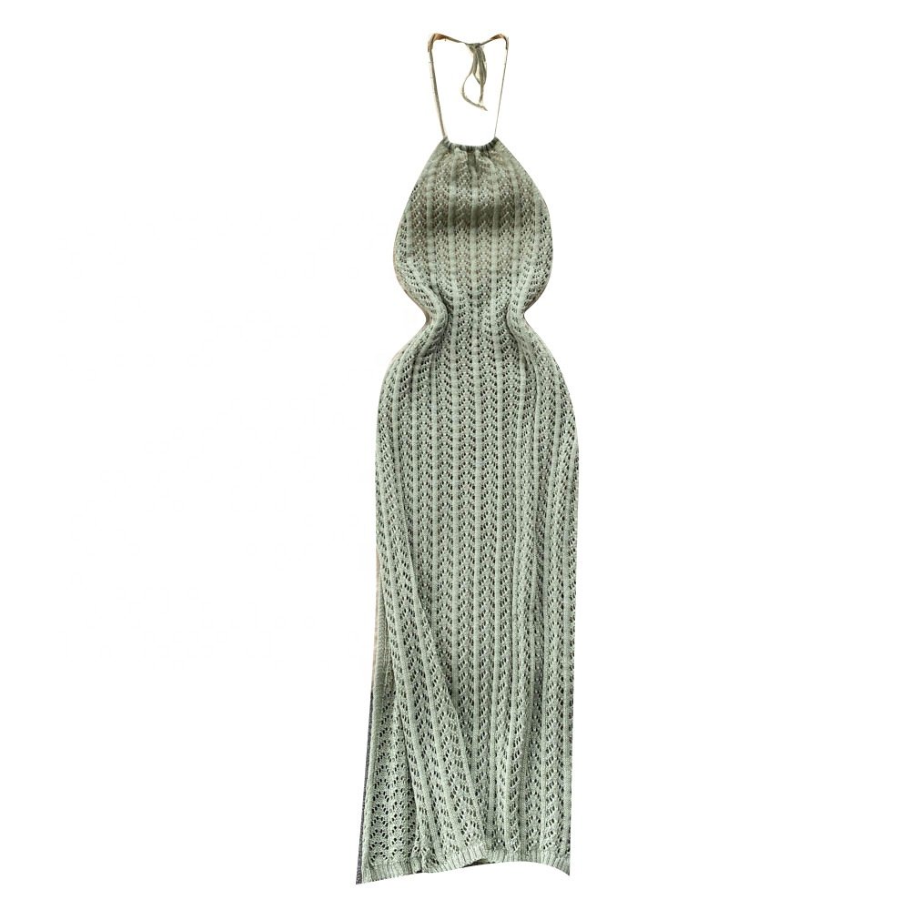 2024 New Wholesale Sexy Hollow Knit Summer Backless Solid Color Slim Halter Fashion Ladies Elegant Dress
