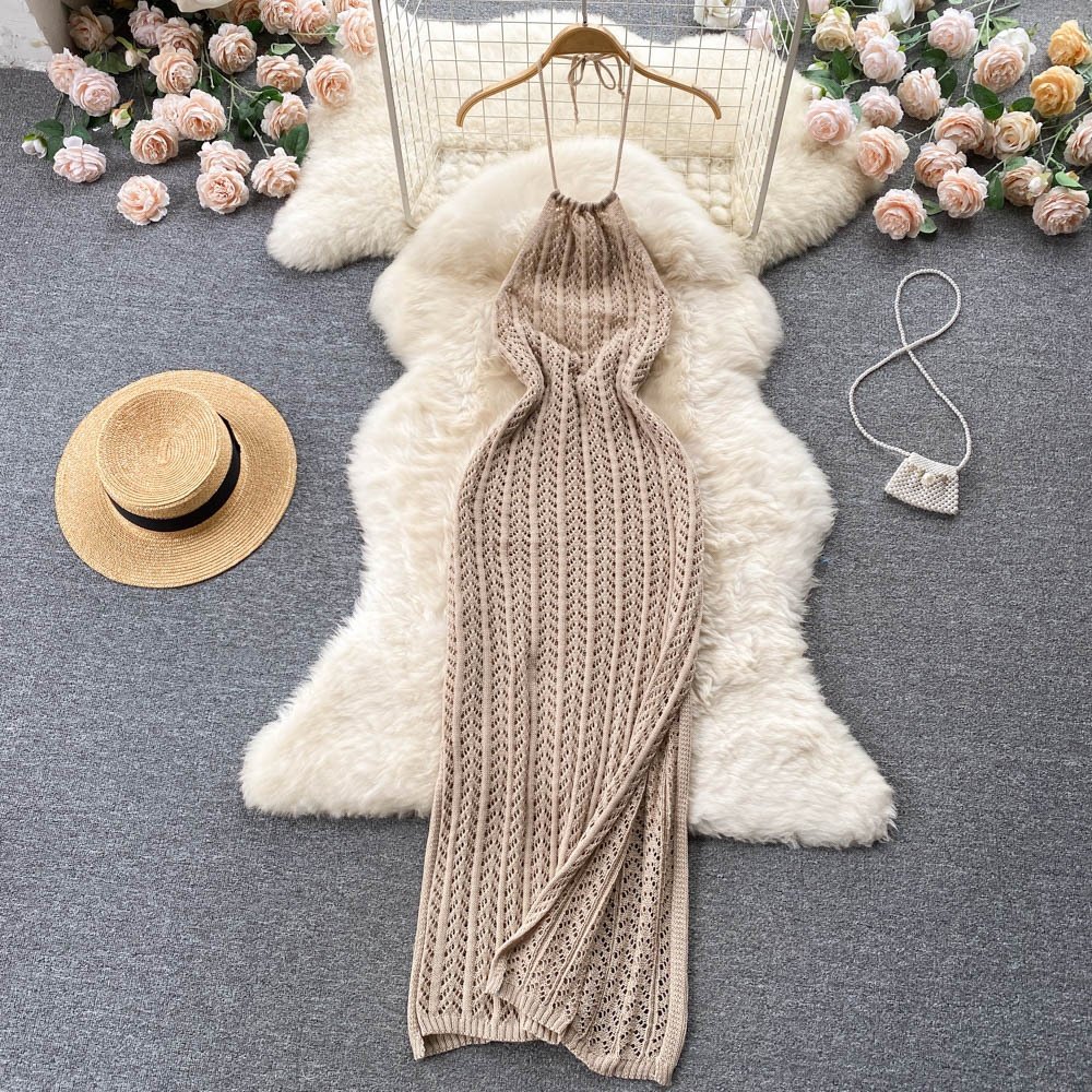 2024 New Wholesale Sexy Hollow Knit Summer Backless Solid Color Slim Halter Fashion Ladies Elegant Dress
