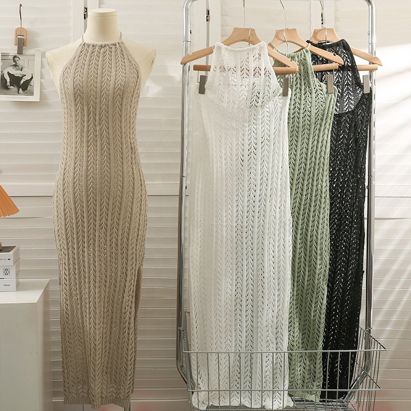 2024 New Wholesale Sexy Hollow Knit Summer Backless Solid Color Slim Halter Fashion Ladies Elegant Dress