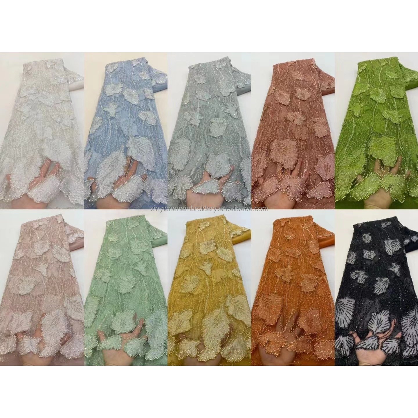 3d flower lace fabric nave blue beaded french sequined low price crystal beaded lace fabric for diess