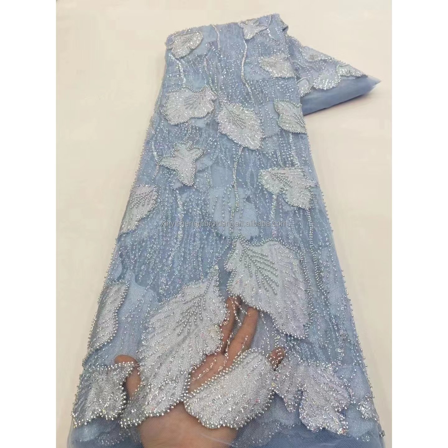 3d flower lace fabric nave blue beaded french sequined low price crystal beaded lace fabric for diess