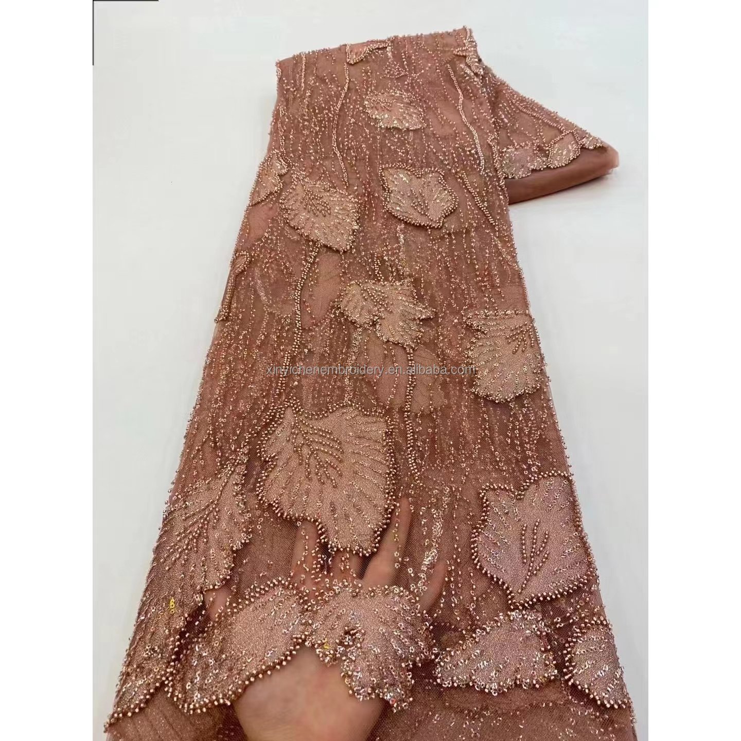 3d flower lace fabric nave blue beaded french sequined low price crystal beaded lace fabric for diess