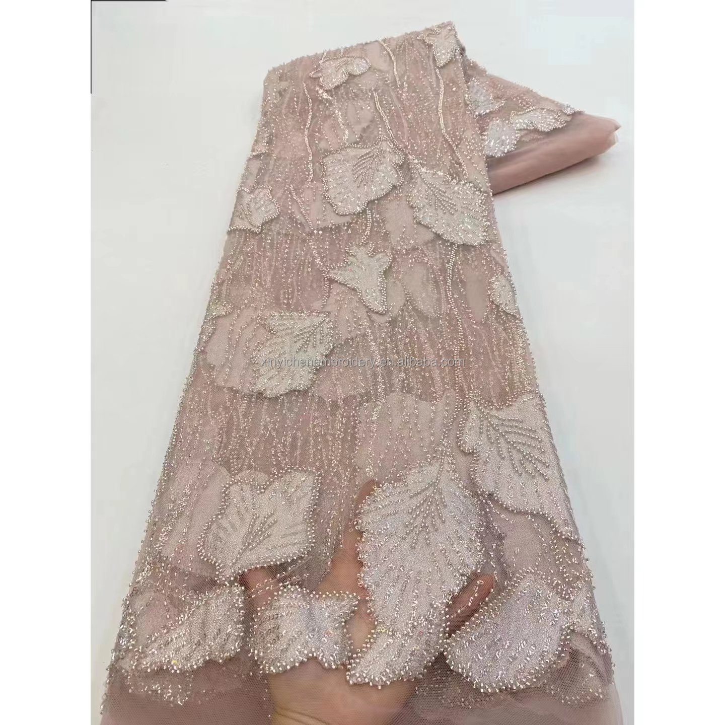 3d flower lace fabric nave blue beaded french sequined low price crystal beaded lace fabric for diess