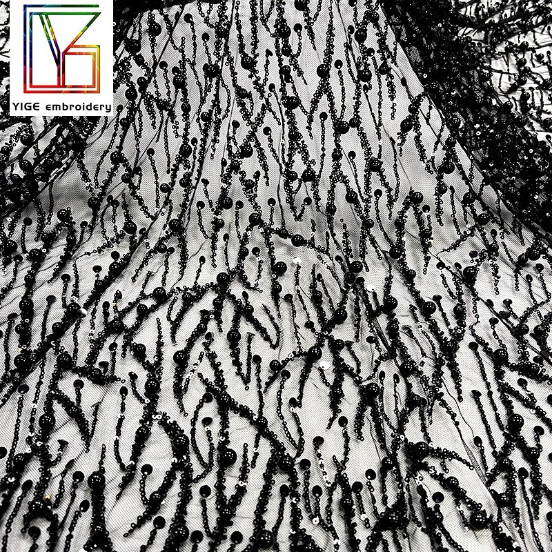 quality hand pearl fabric Material African Sequins Embroidered Dress beaded Fabric black Beads Lace Fabric