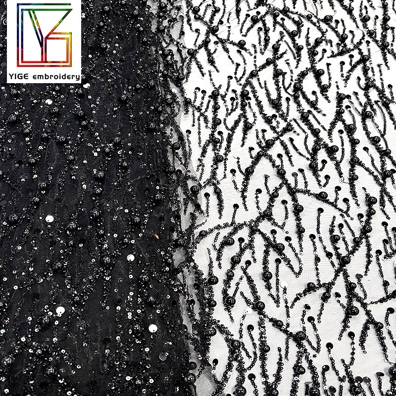 quality hand pearl fabric Material African Sequins Embroidered Dress beaded Fabric black Beads Lace Fabric