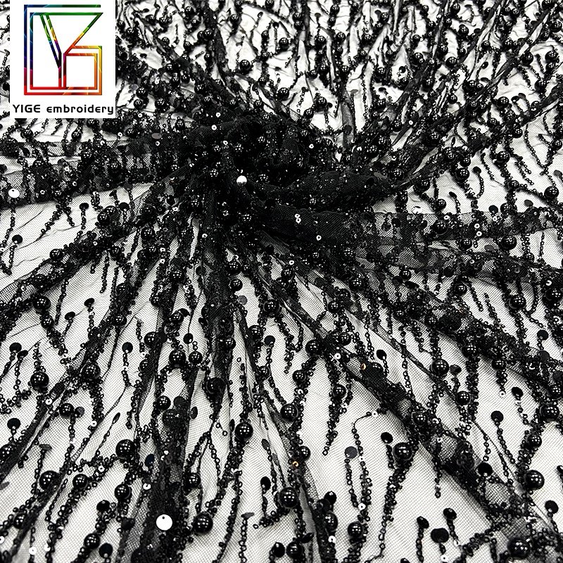 quality hand pearl fabric Material African Sequins Embroidered Dress beaded Fabric black Beads Lace Fabric