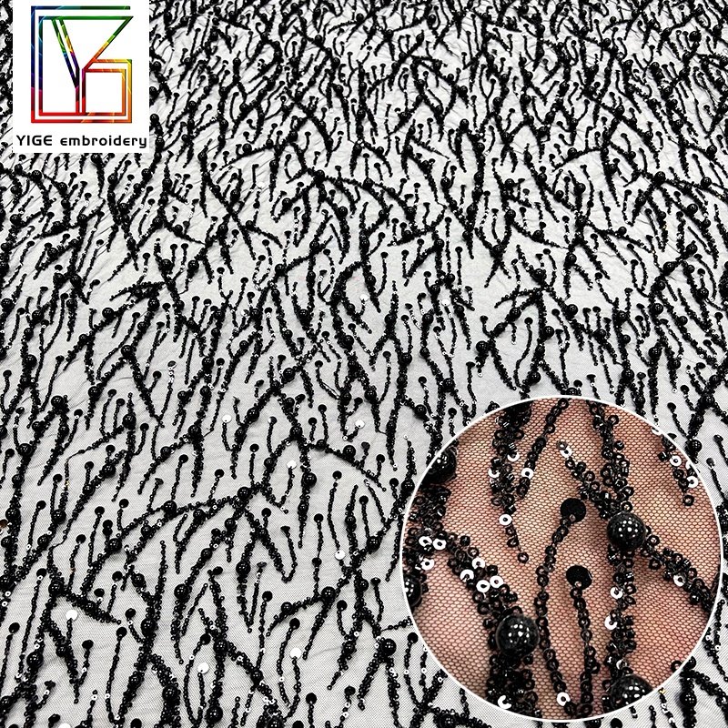 quality hand pearl fabric Material African Sequins Embroidered Dress beaded Fabric black Beads Lace Fabric