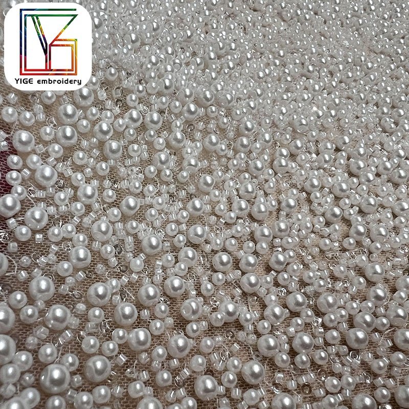 luxury white hand beaded fabric wedding tulle high density pearl lace bridal Beads sequin lace fabric