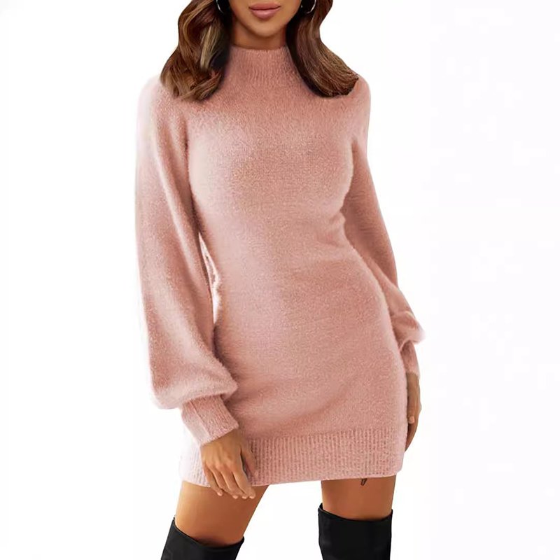 Wholesale Custom OEM ODM Women's Mock Neck Ribbed Long Sleeve Bodycon Pullover Cute Mini Sweater Dress