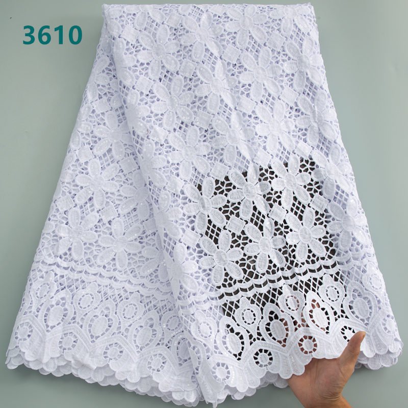 Pure White Designs African Cord Lace Fabric with Sequins High Quality Water Soluble Soft Cord Lace for Women Party Dresses 3610