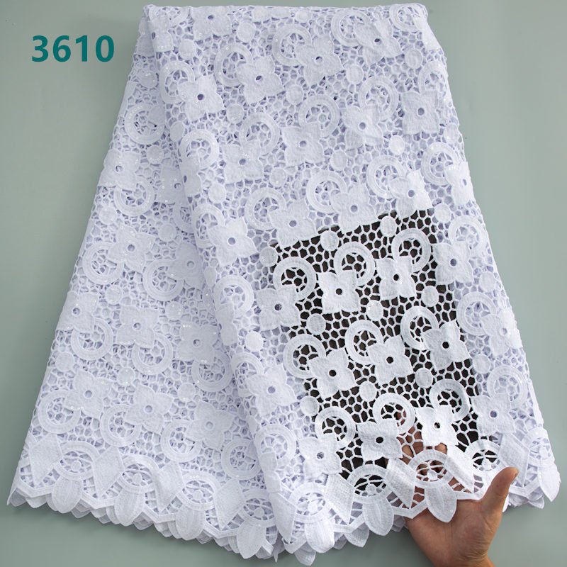 Pure White Designs African Cord Lace Fabric with Sequins High Quality Water Soluble Soft Cord Lace for Women Party Dresses 3610