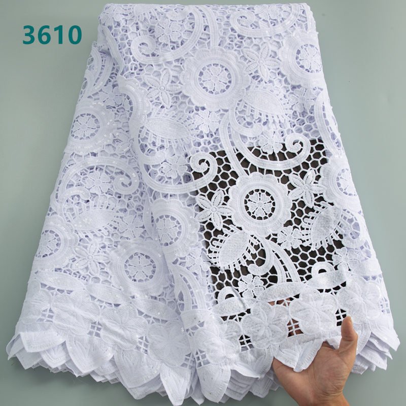 Pure White Designs African Cord Lace Fabric with Sequins High Quality Water Soluble Soft Cord Lace for Women Party Dresses 3610