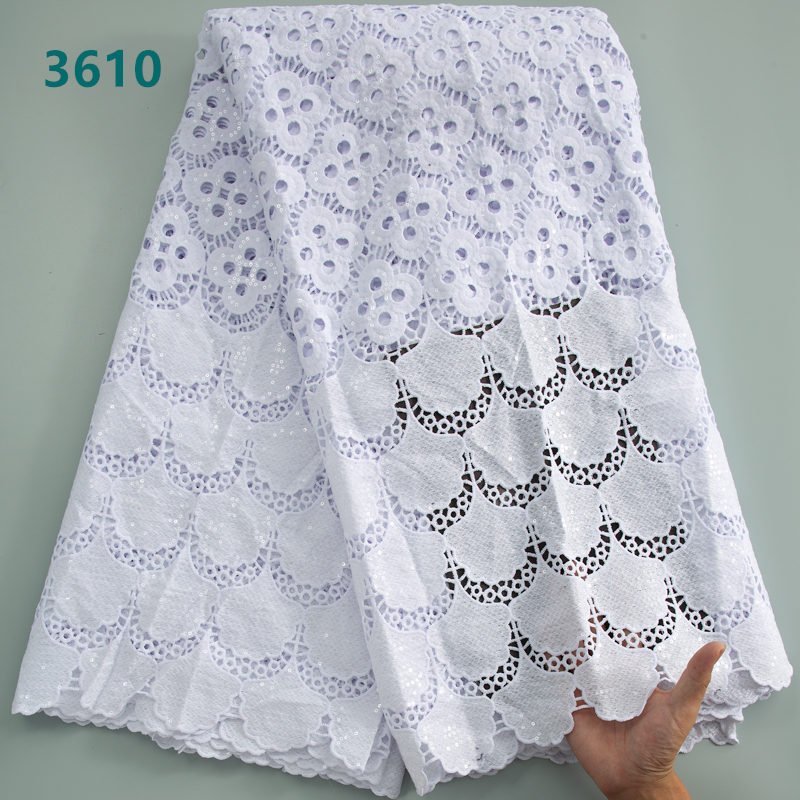 Pure White Designs African Cord Lace Fabric with Sequins High Quality Water Soluble Soft Cord Lace for Women Party Dresses 3610