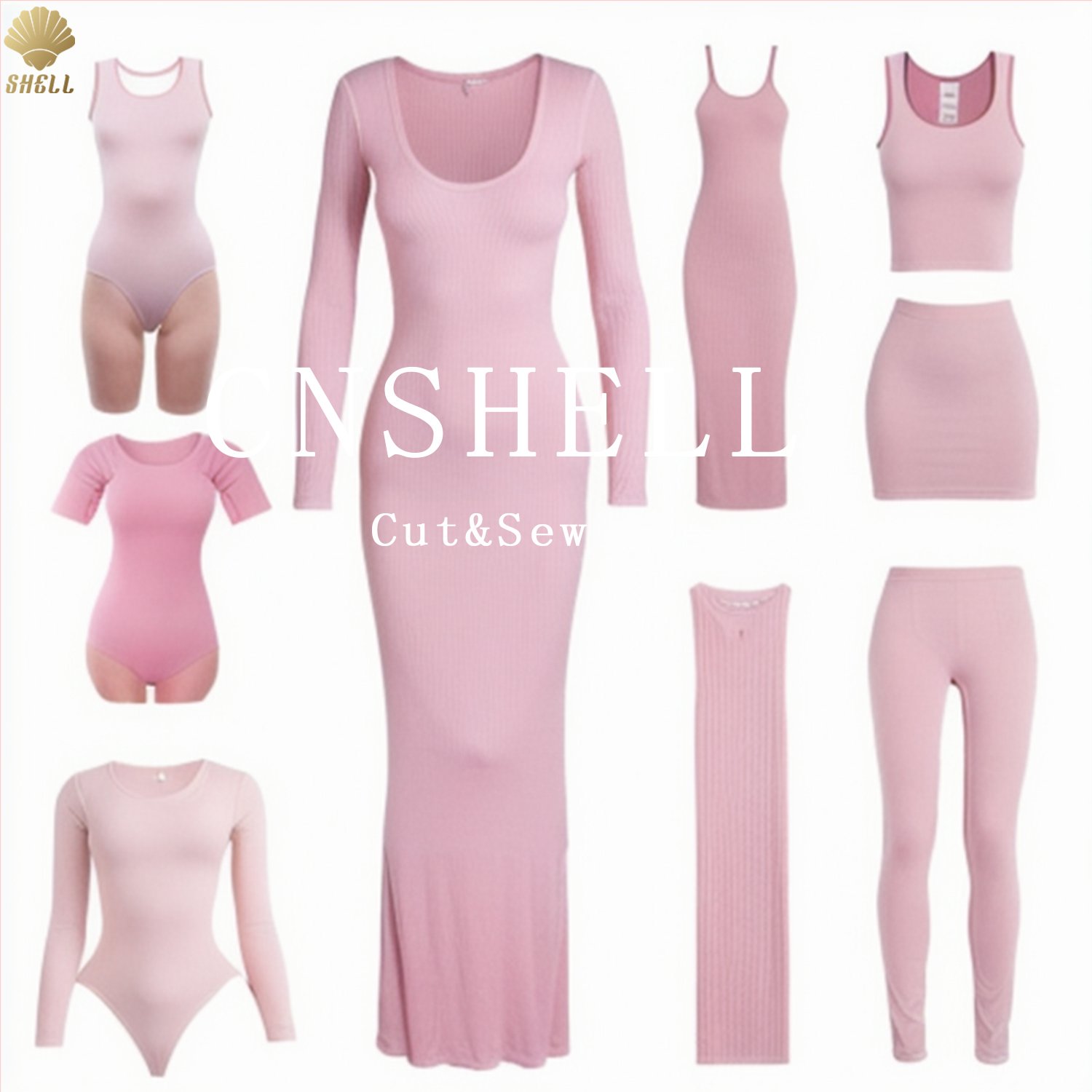 CNSHELL Pink 280gsm Lounge Square Neck Ankle Length Fishtail Bottom Micro Rib Long Sleeve Elegant Sexy Dress