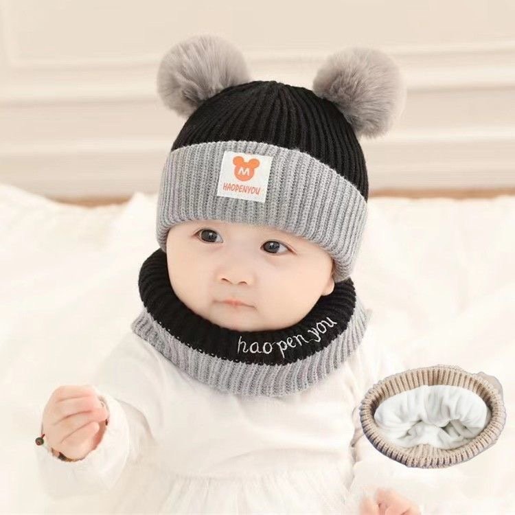 Winter Warm Hat Knitted Beanie Scarves with Pompom for Newborn Toddler Baby Girl Boy double hairball Cute knitted hatshat