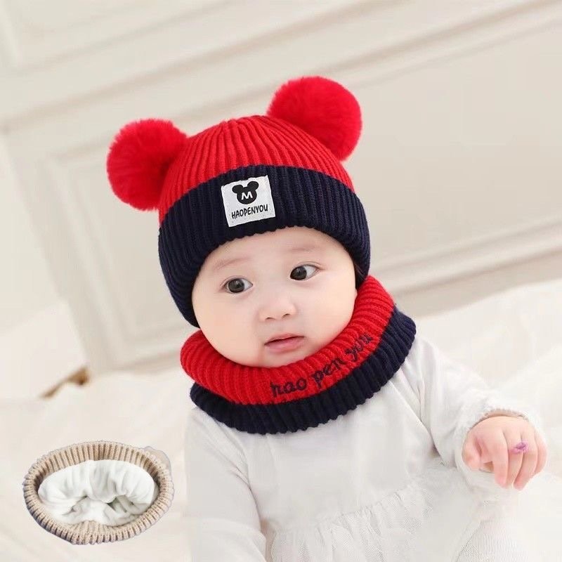 Winter Warm Hat Knitted Beanie Scarves with Pompom for Newborn Toddler Baby Girl Boy double hairball Cute knitted hatshat