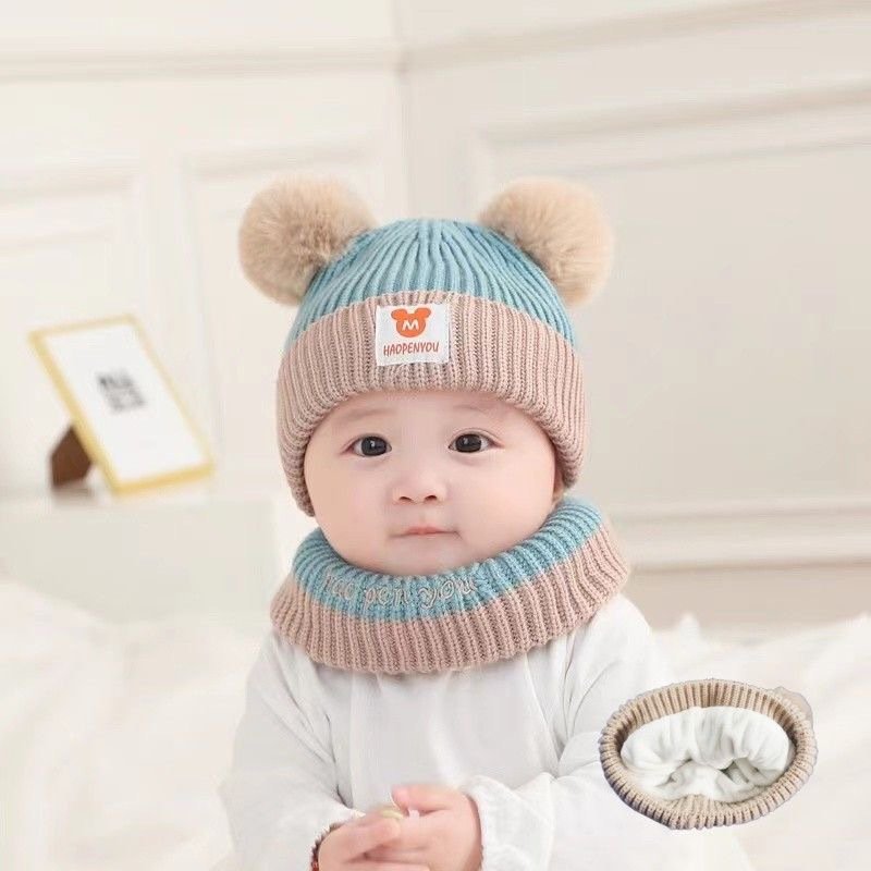 Winter Warm Hat Knitted Beanie Scarves with Pompom for Newborn Toddler Baby Girl Boy double hairball Cute knitted hatshat