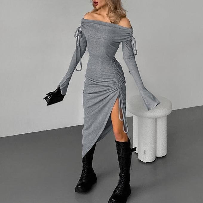 New Arrival Maxi Evening Dress Women Elegant Ribbed Off Shoulder Dress Slit Pleated Breathable Casual Prom Dress Fall