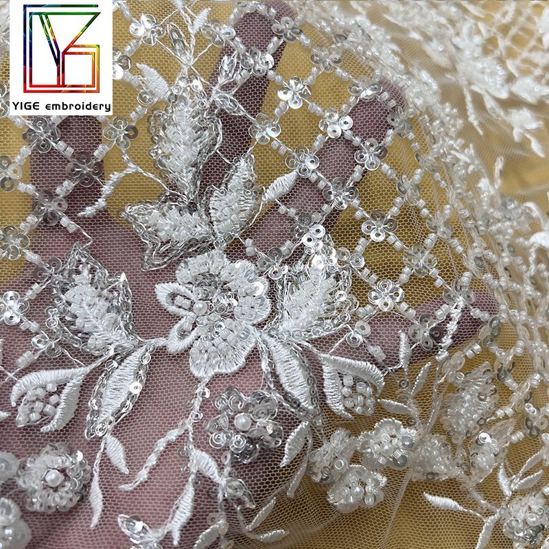 luxury french beads sequins fabric bridal white embroidery pearl lace weddings tulle dress beaded lace sequin fabric